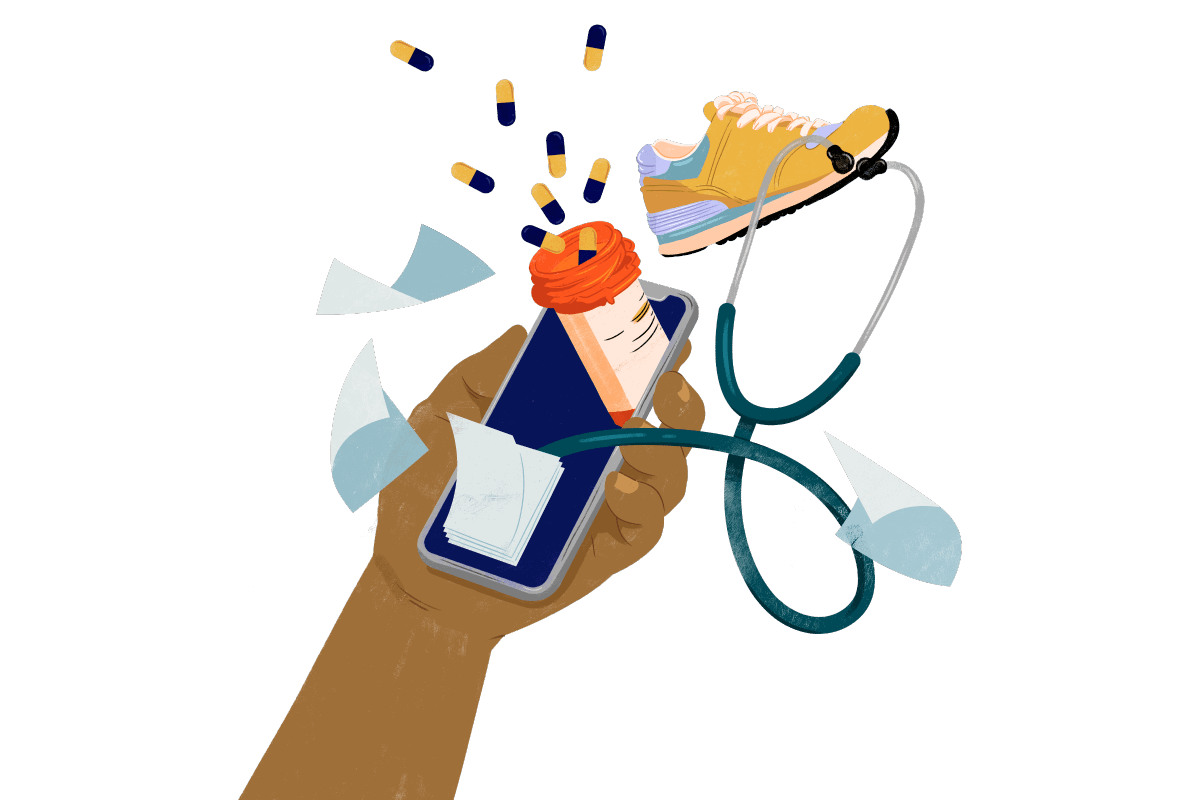 Illustration of a hand holding a phone with an open pill bottle, notes, a sneaker and a stethoscope coming out the phone