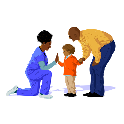 Image of doctor kneeled down, giving child a high five, who is standing with a man