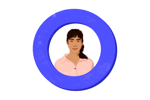Illustration of a woman smiling inside a blue O