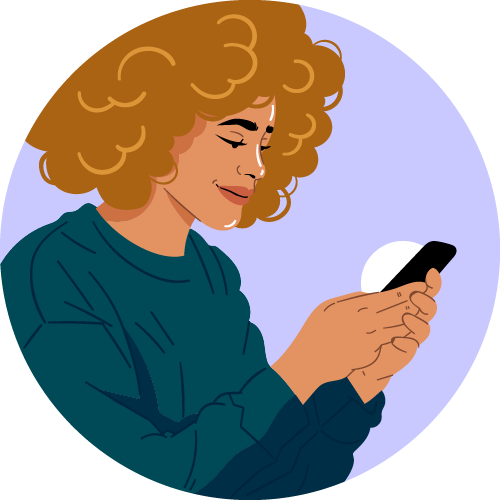 Woman smiling and texting with a provider on her cell phone