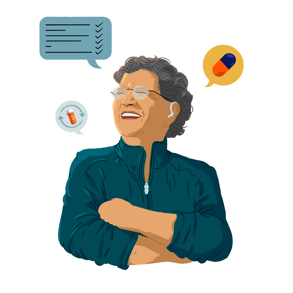 Woman smiling with thought bubbles with prescriptions and medications
