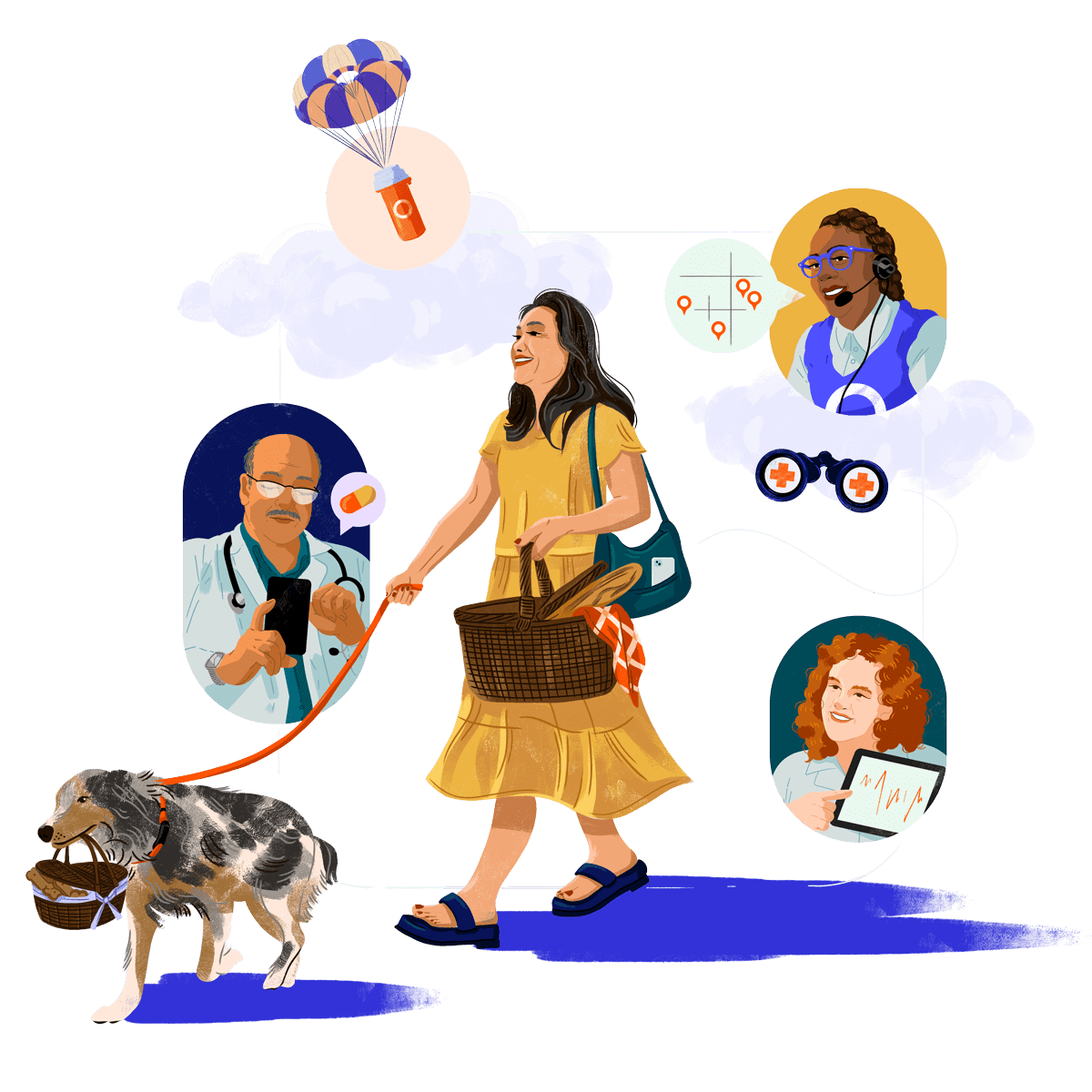 Illustration featuring various scenes of one member walking her dog, with other scenes featuring a provider looking at the phone, chatting with a Care Guide, a prescription refill.