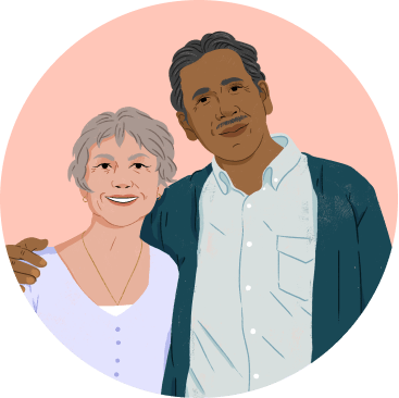 Illustration of two smiling elderly folks with their arms around each other