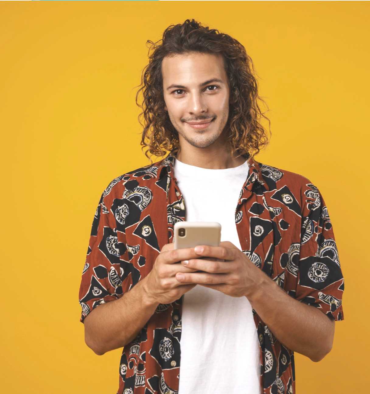 Young man in red shirt holding phone (top block)