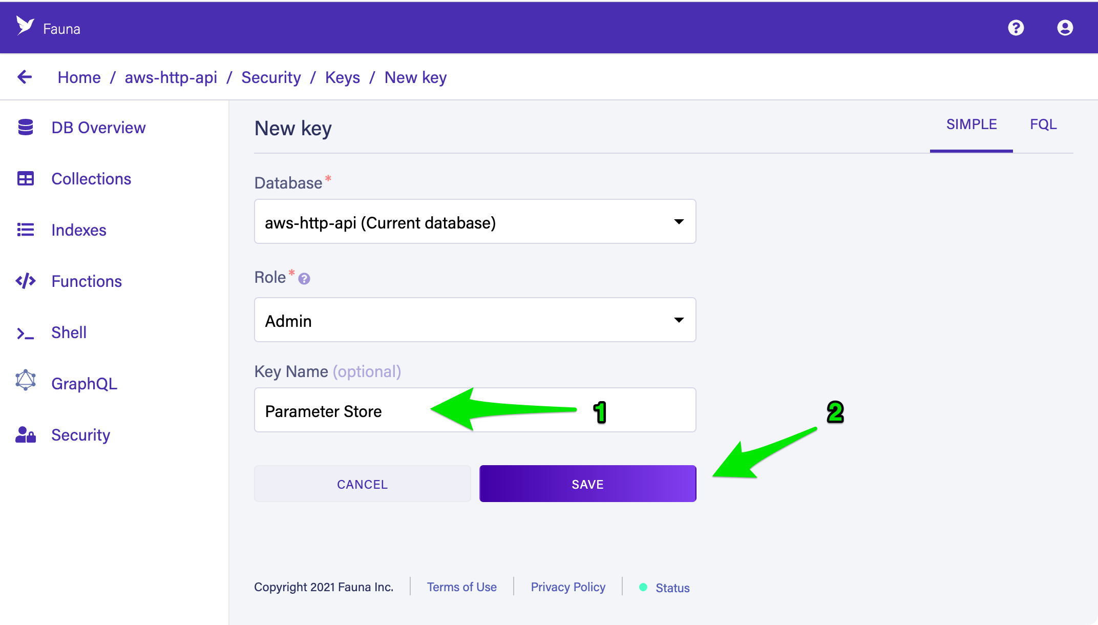 Creating a new key in Fauna