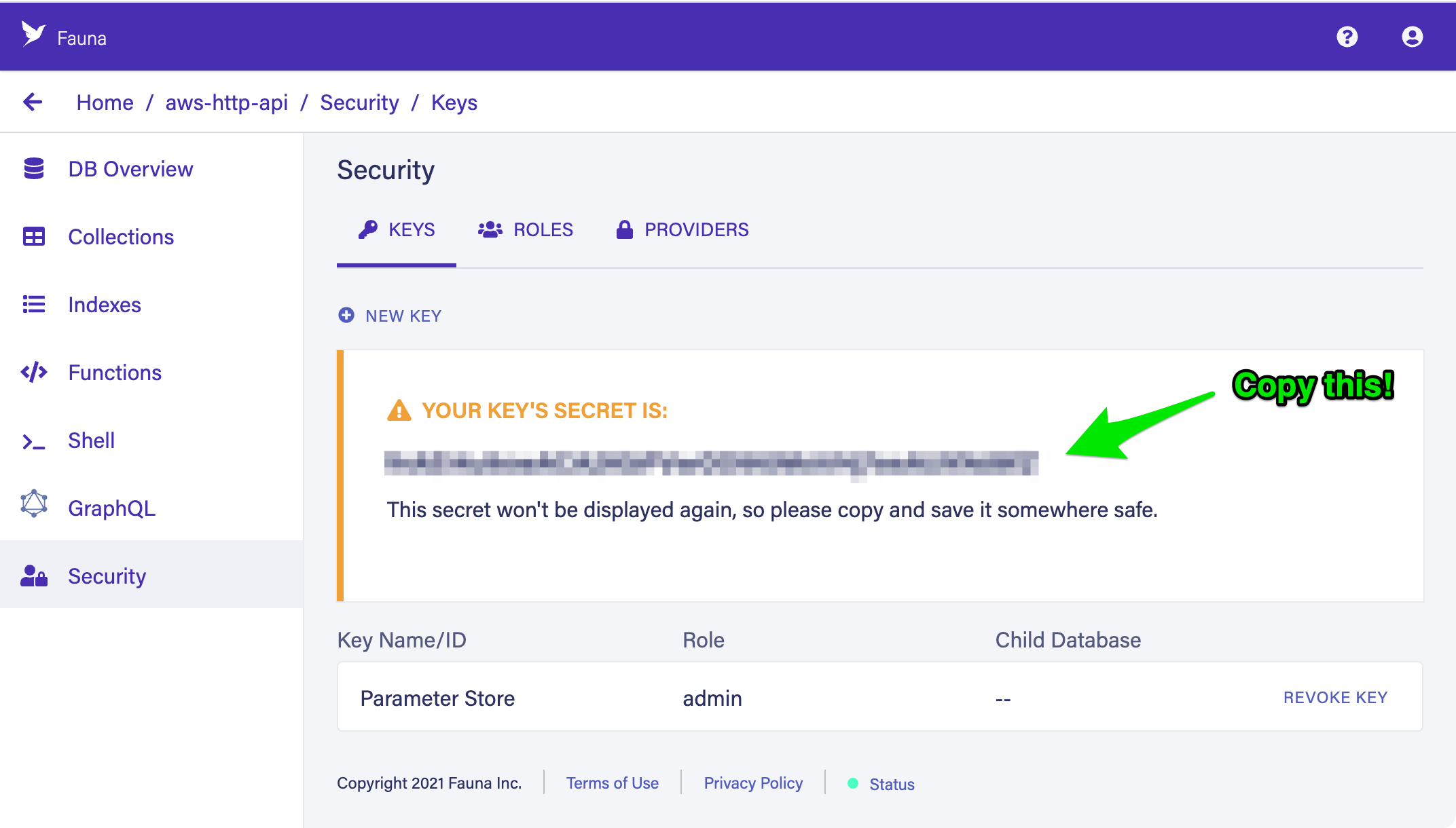 Copying a key's secret in Fauna
