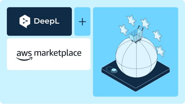 Obrázek znázorňující zeměkouli korunovanou hvězdami, na které je nákupní vozík a loga DeepL a AWS Marketplace.