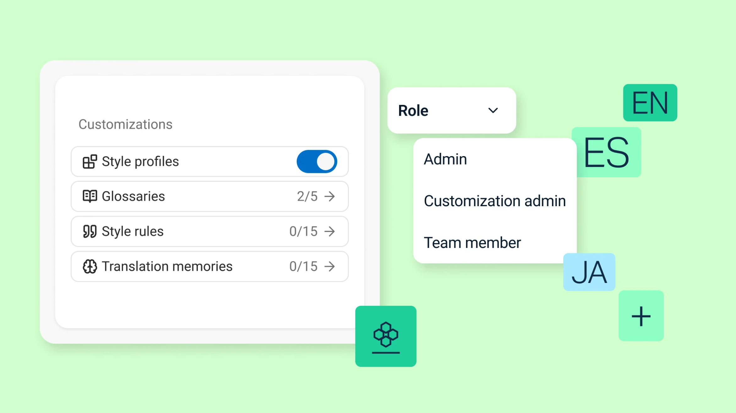 Interface do usuário do Customization Hub mostrando a função de administrador de personalização