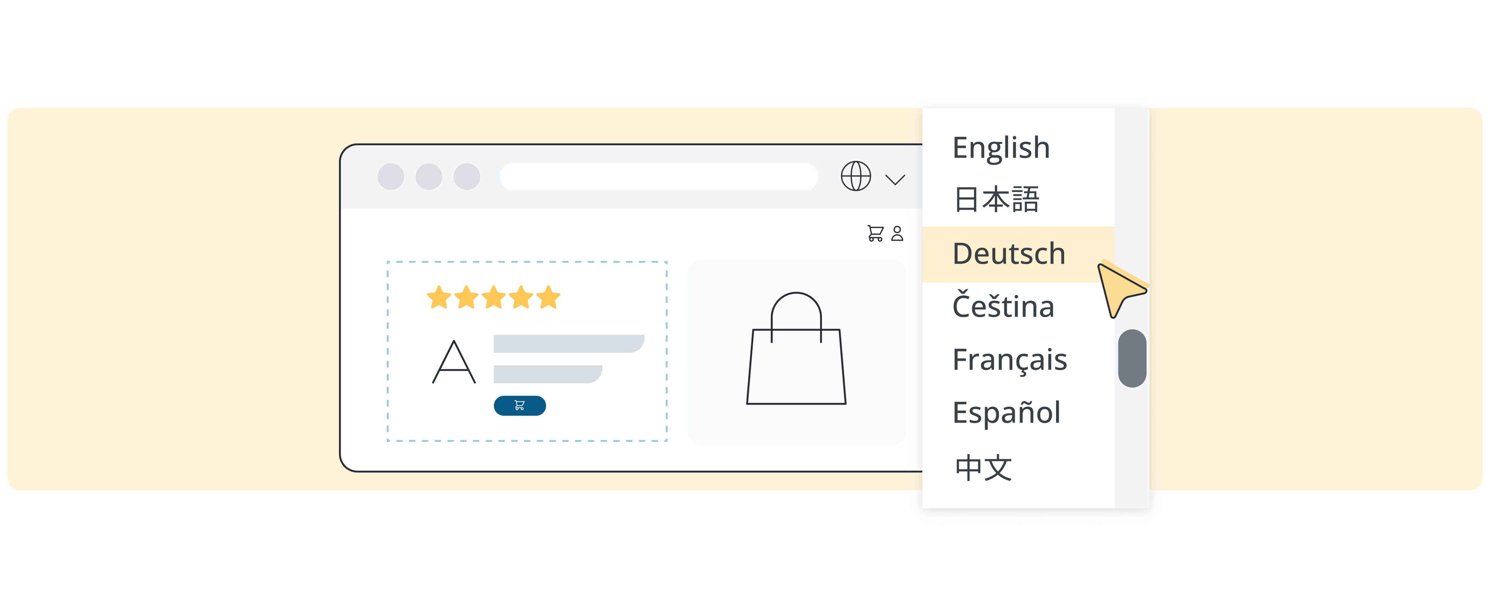 Interfaccia di un e-commerce con menu a tendina per selezionare la lingua in cui visualizzare il sito