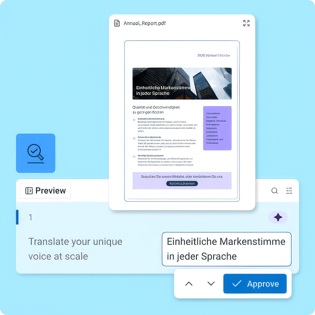 Image composite showing a PDF and the Translation Flow UI of a snippet being previewed and reviewed with an approval.