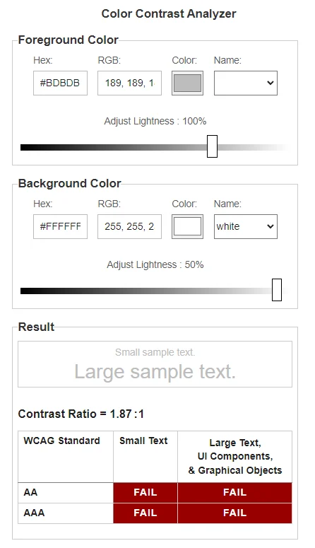 Fail color contrast analyzer image