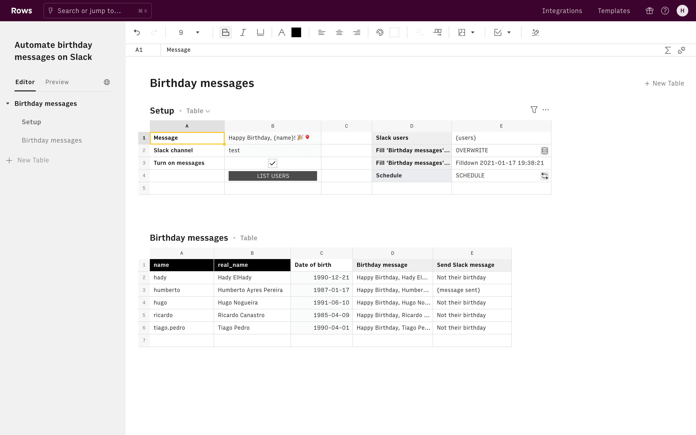Automate birthday messages on Slack Editor