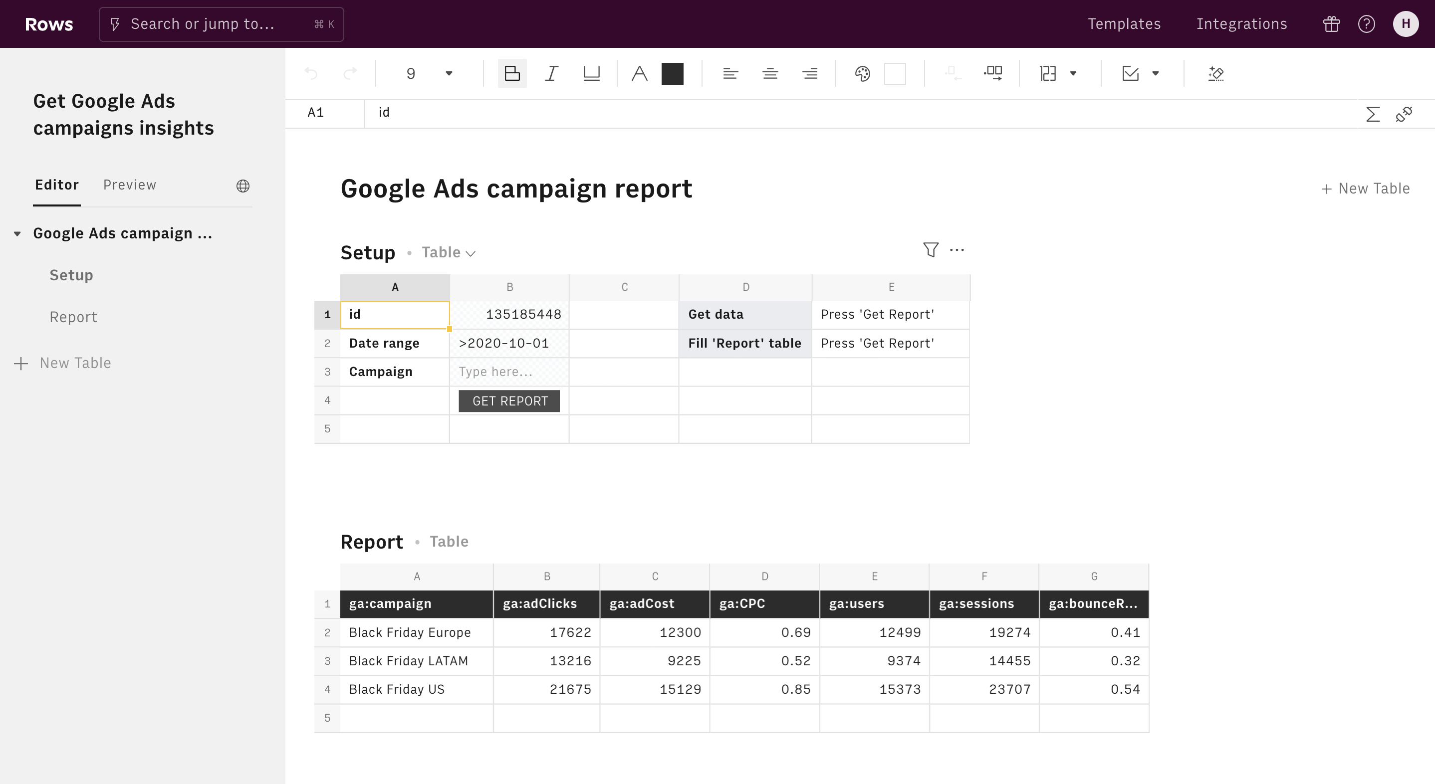 Get Google Ads campaigns insights editor 1