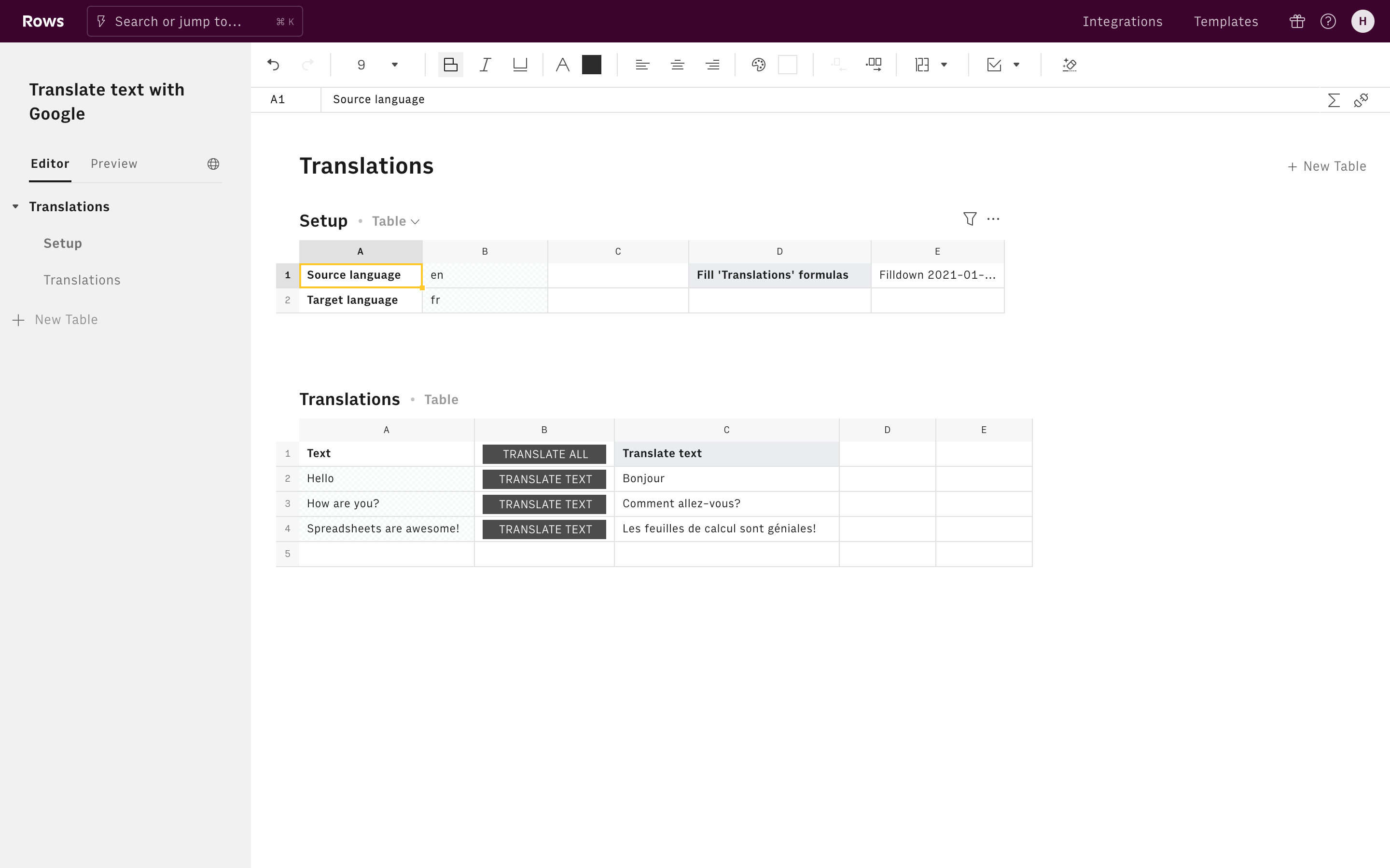 Translate text with Google Editor