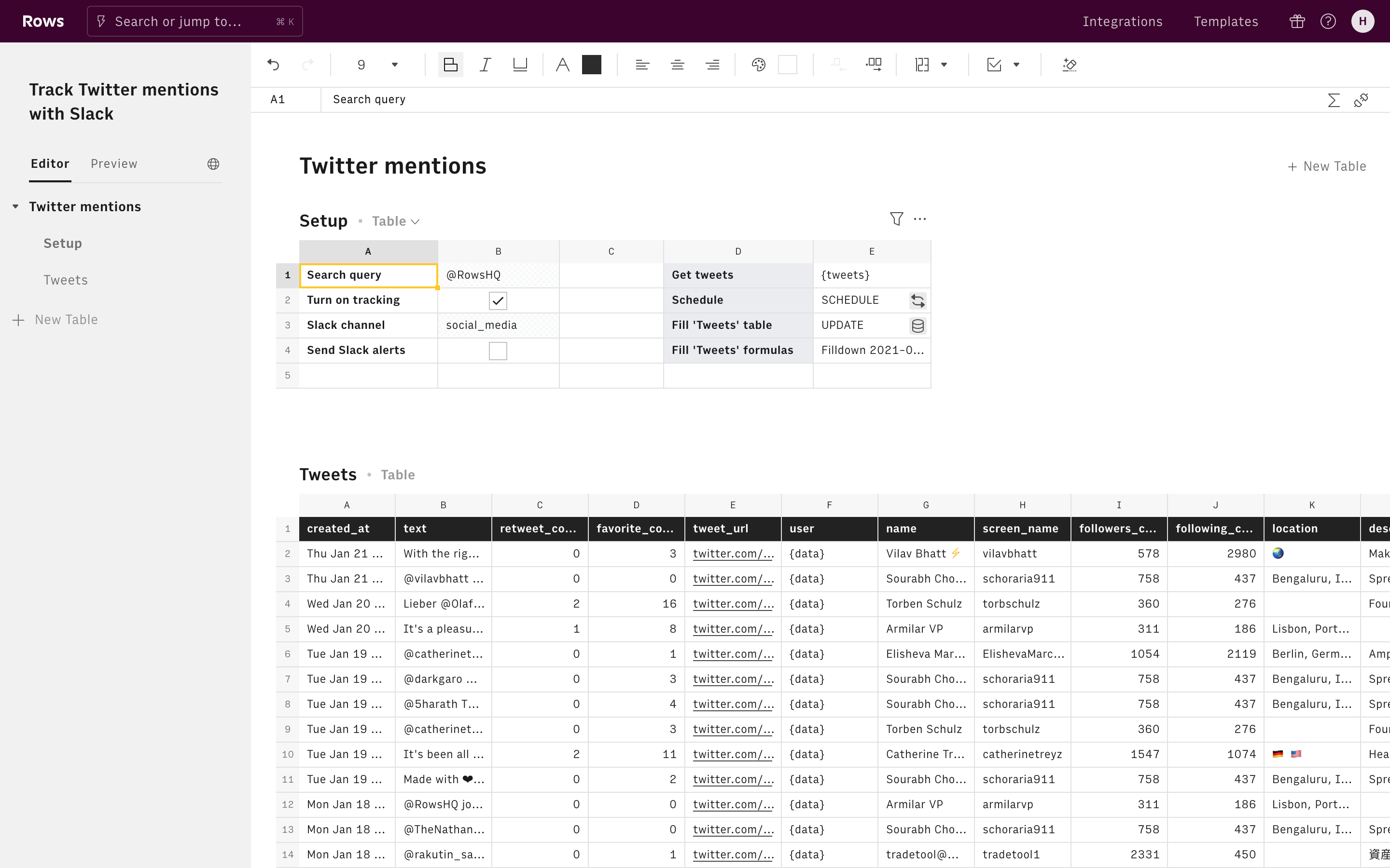 Track Twitter mentions with Slack Editor