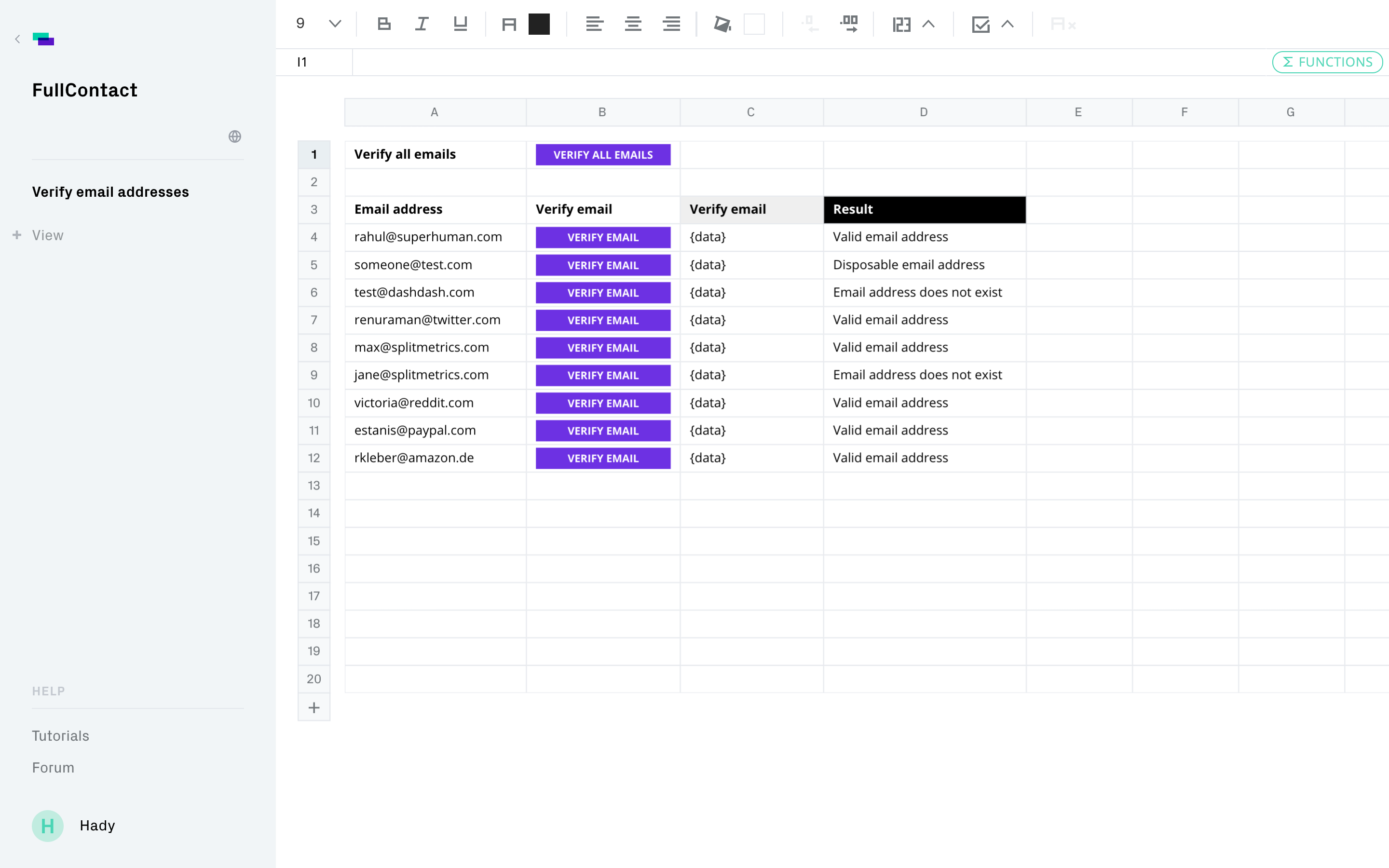 Verify email addresses with FullContact