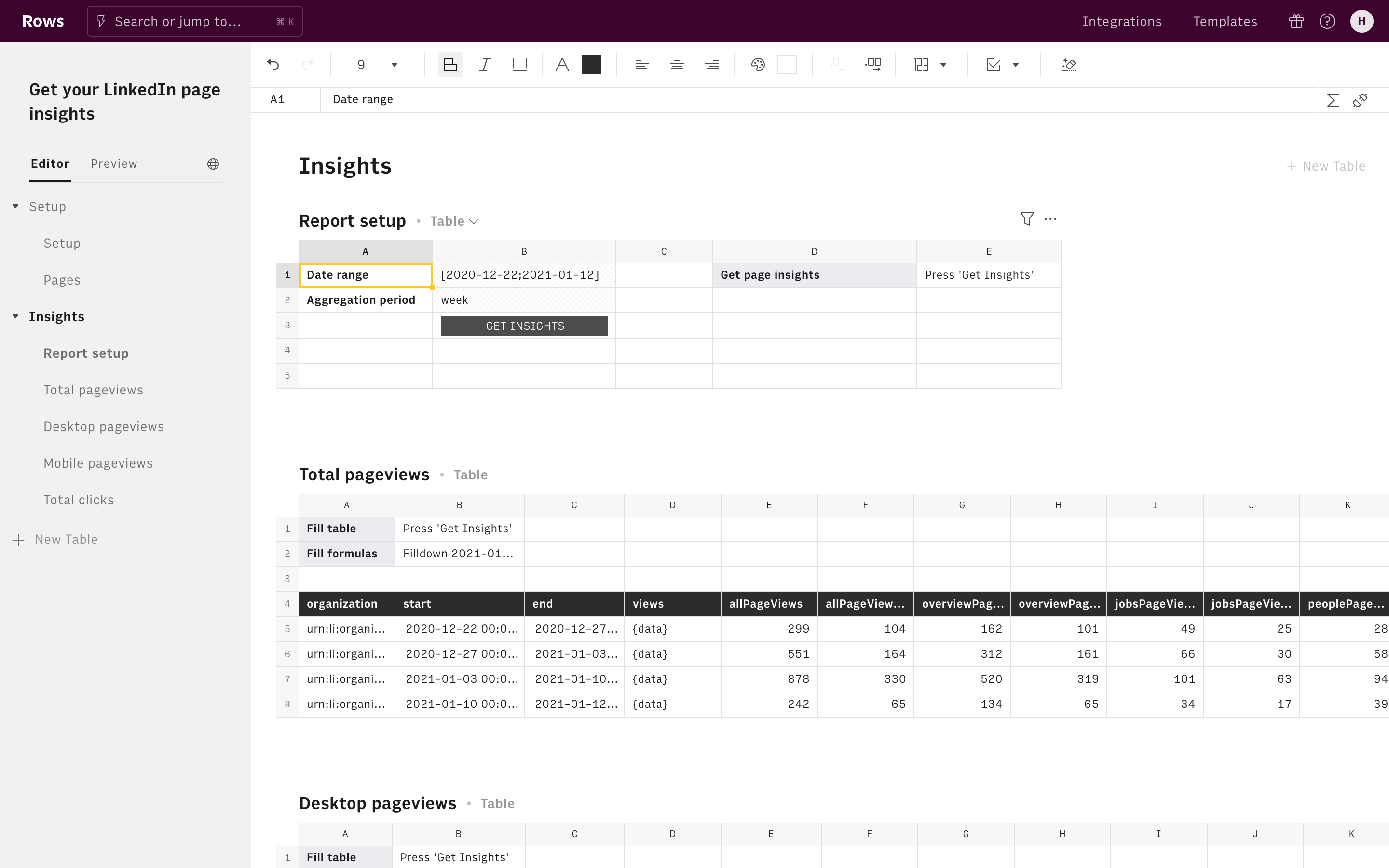 Get your LinkedIn page insights Editor Report Setup and Total Pageviews