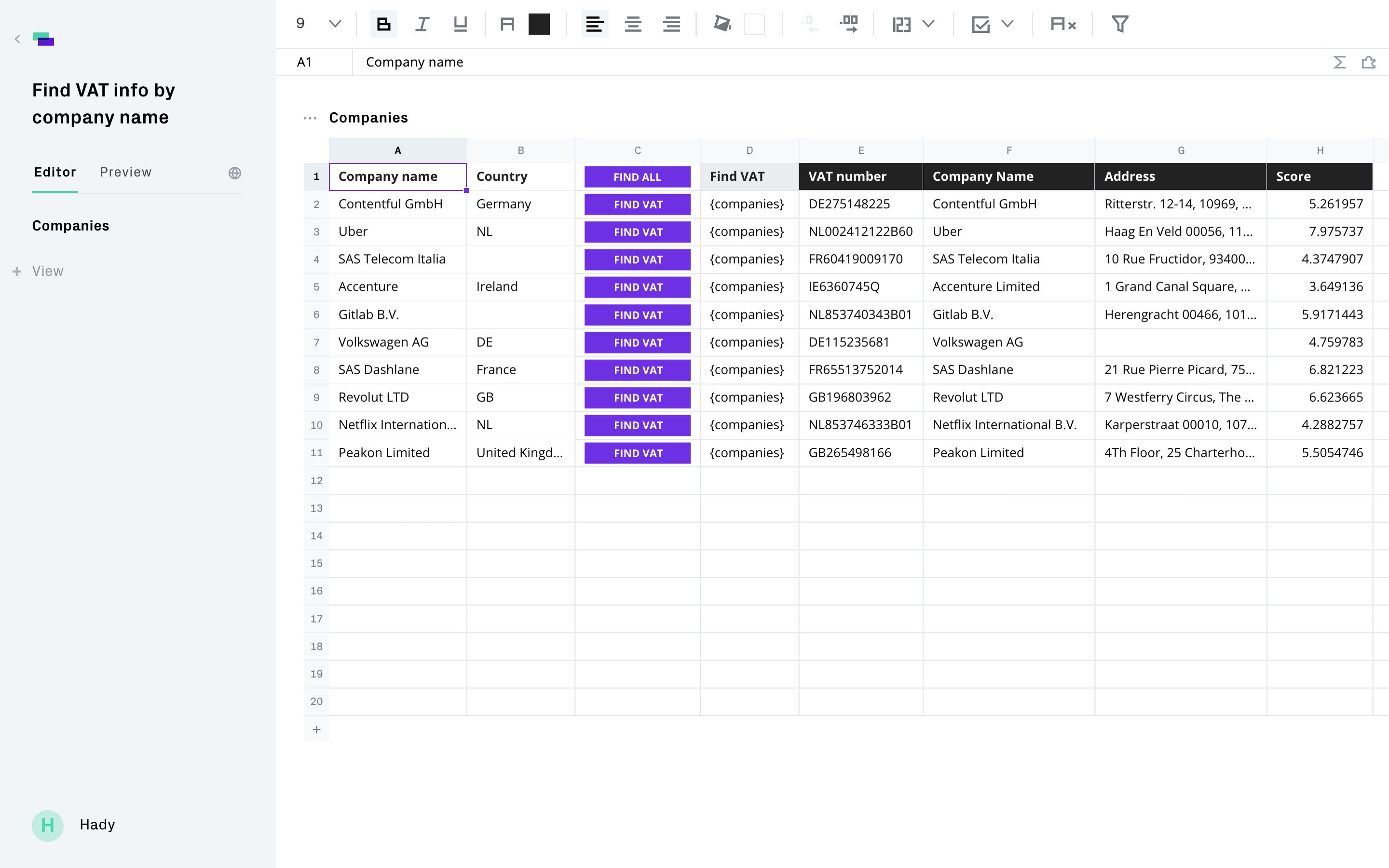 Find VAT info by company name