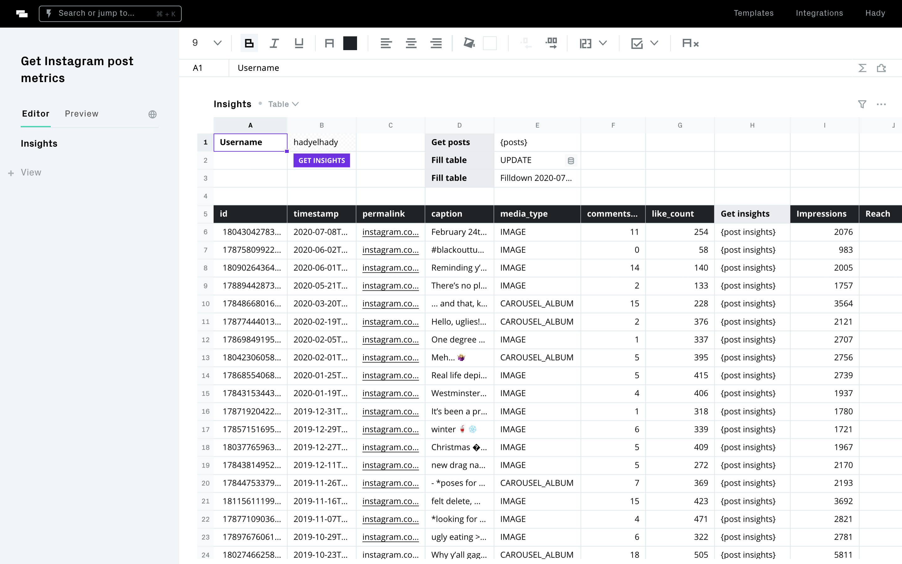 Get Instagram post metrics Editor