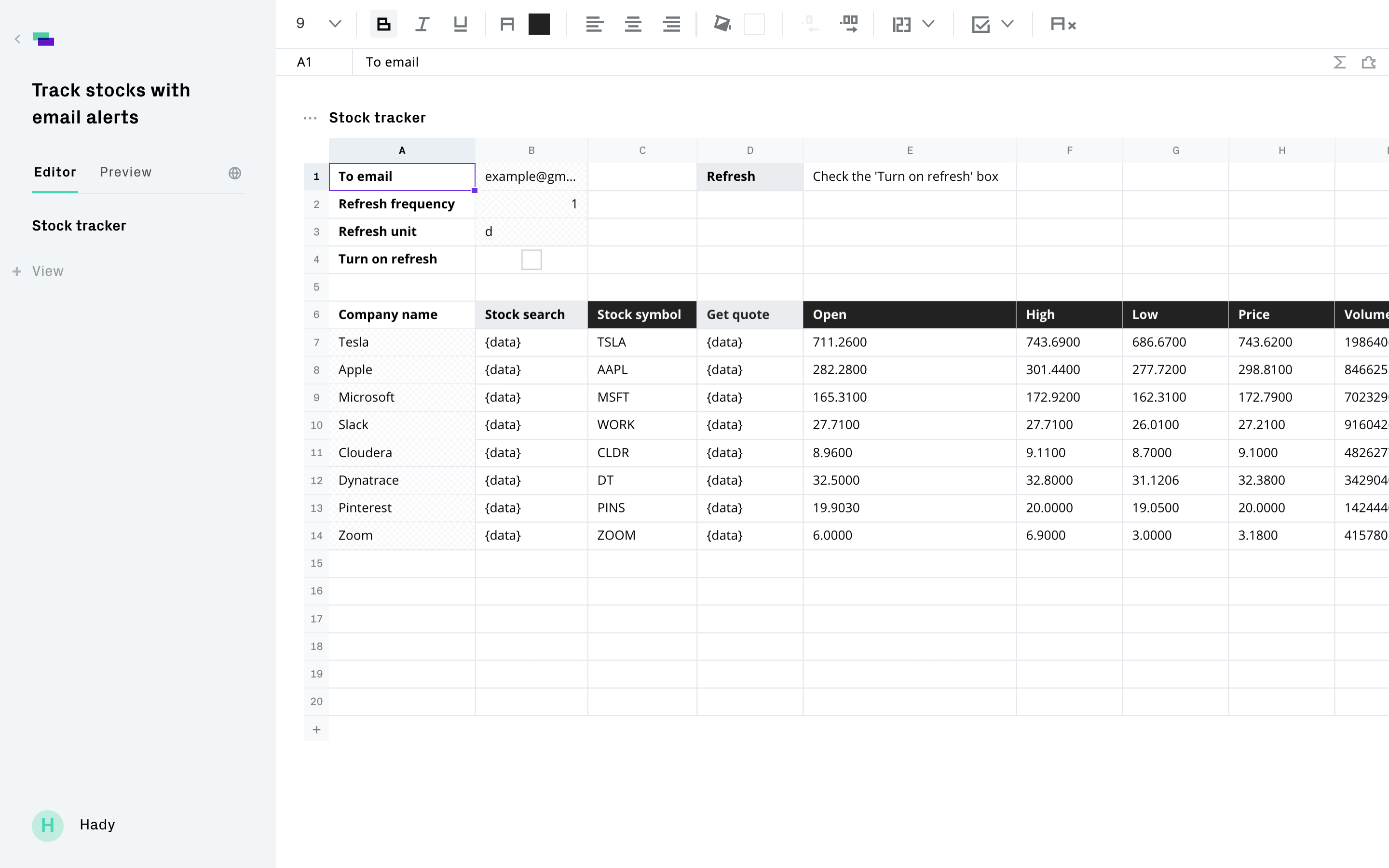 Track stocks with email alerts