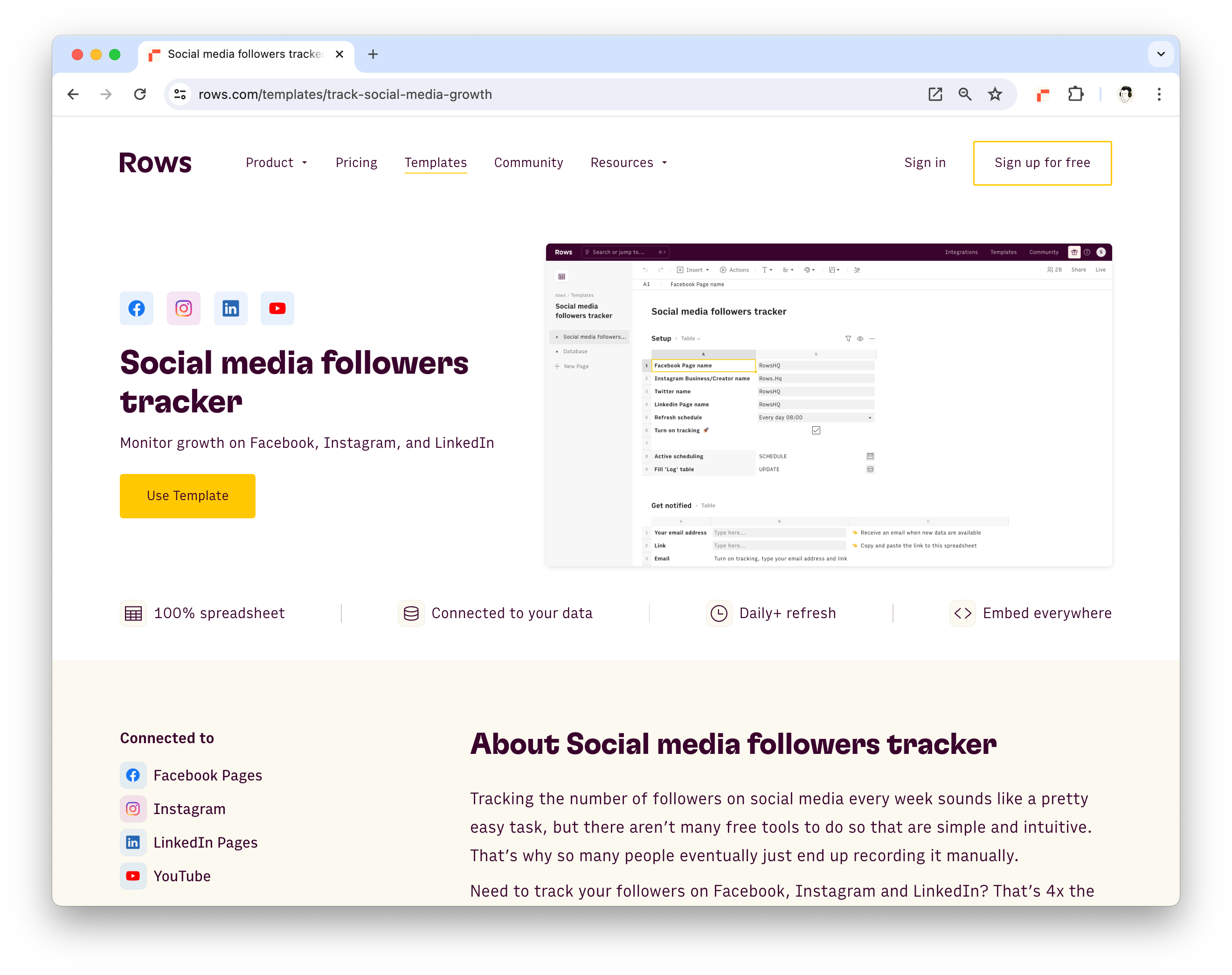 The Social Media Follower template page