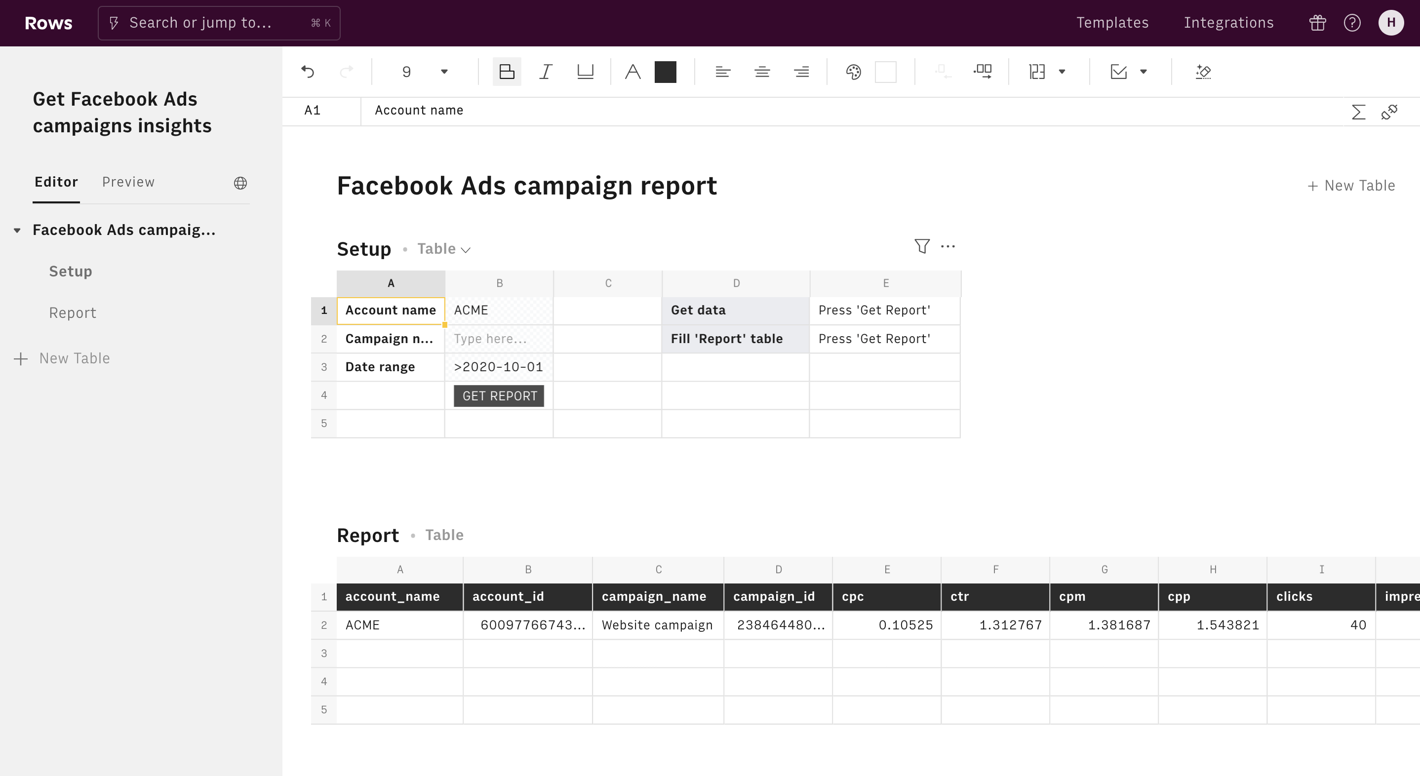 Get Facebook Ads campaigns insights editor 1