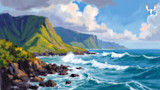 Seascape painting of rocky shore, green cliffs and crashing teal waves; MeatEater logo top right