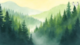Misty evergreen forest watercolor with layered hills and pale yellow sky; MeatEater logo top-right