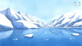 Snowy mountains reflected in a calm blue lake with small ice floes; MeatEater logo top-right