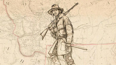 Mountain man in fringed coat carrying rifle and trap chain over vintage map labeled MONTANA