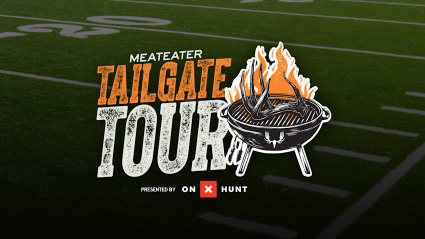 MEATEATER TAILGATE TOUR text over football field with flaming grill and antlers; Presented by ON X HUNT
