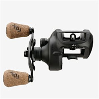 Black low-profile baitcasting reel with cork handle knobs