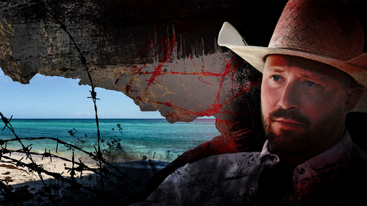 Man in cowboy hat and beard overlaid on tropical beach with barbed-wire silhouette