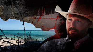 Man in cowboy hat and beard overlaid on tropical beach with barbed-wire silhouette