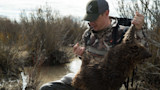 Hunter holding a dead beaver by its hind leg beside a marshy stream