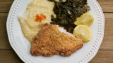 Fried Catfish with Collard Greens and Cheesy Grits