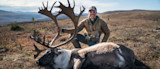 Hunter kneeling next to harvested caribou holding antlers in tundra
