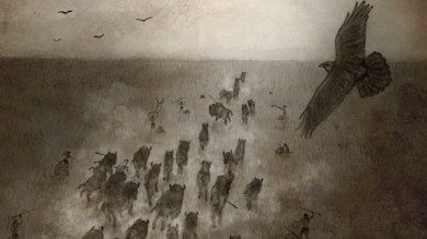 Bison stampede toward a cliff in a sepia illustration, hunters nearby and a large bird overhead