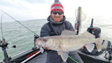 Angler holding large walleye on a boat, wearing a Rapala beanie and sunglasses