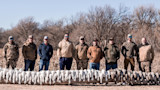 Nine hunters standing behind a log displaying dozens of white snow geese in a field
