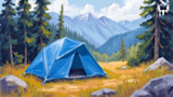 Blue tent in alpine meadow with pine trees and distant mountains; MeatEater logo top-right