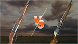 Two wooden-stock hunting rifles facing each other with 'VS' text over a stormy sky