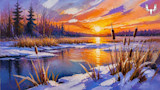 Sunset over snowy marsh and river with cattails; MeatEater logo top-right