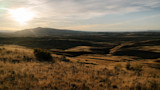 Sunlit rolling grasslands and distant ridges under a pale, expansive sky