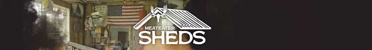 MEATEATER SHEDS logo over rustic shed interior with American flag and tools