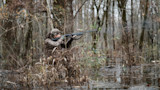 Camouflaged hunter kneeling in flooded timber, holding and aiming a shotgun