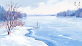 Winter river with snowy banks and bare trees; MeatEater antler skull logo top-right