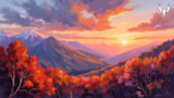 Sunset over a mountain valley with orange fall foliage; MeatEater antler logo top right