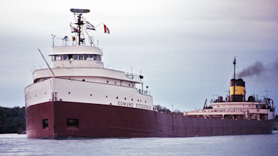 Great Lakes freighter with "EDMUND FITZGERALD" painted on hull
