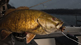 Angler holding large smallmouth bass on boat, jig in fish's mouth, rain falling